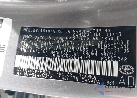 2014 Toyota Corolla Le from USA, damaged, VIN 2T1BURHE6EC069077
